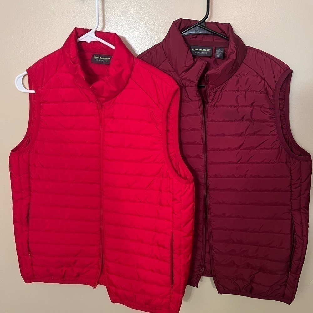 John Bartlett Lot of 2 Puffer Vests Burgundy and Red Sz S EUC